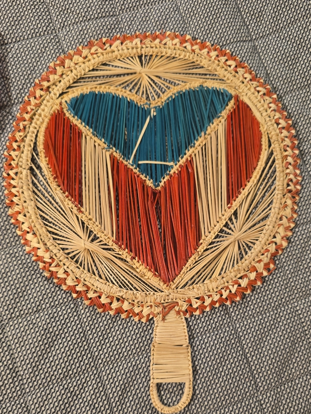 Handwoven Straw Fan with PR Flag Blue & Rust Heart